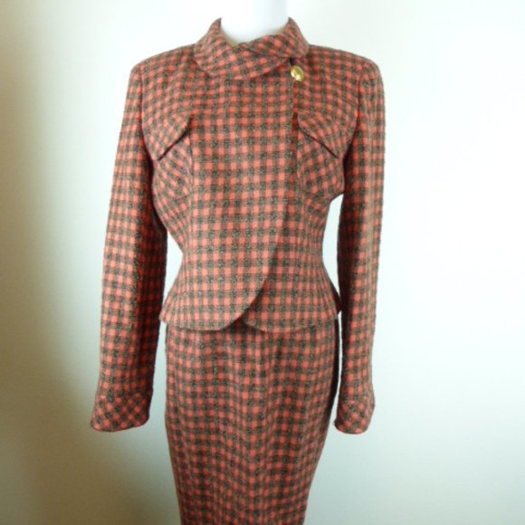 style koji watanable Dresses & Skirts - Koji Watanabe Style coral black check plaid 2 pc wool skirt suit Japan 6